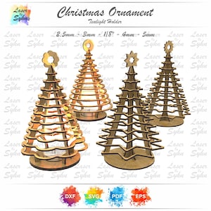 Lasergeschnittener Weihnachts-Teelichthalter SVG, 3D Weihnachtsbaumschmuck aus Holz, Glowforge-Dateien, Wohndekoration für Weihnachten, Lasercut-Datei