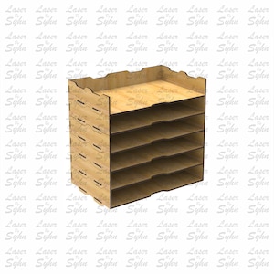 May include: A wooden file organizer with six shelves. The organizer is made of light brown wood and has a simple design.