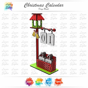 Può includere: Un calendario natalizio in legno con un design a casetta per uccelli rosso e verde nella parte superiore. Il calendario mostra "01" su un cartello appeso, con una base rossa e verde. Il testo "Christmas Calendar Days Until" è sopra.