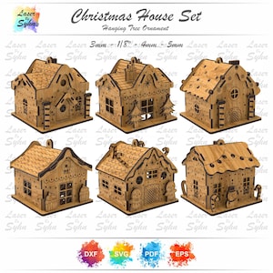 Puede incluir: Un conjunto de seis adornos navideños de madera cortados con láser en forma de casa. Cada casa presenta detalles intrincados, como ventanas y puertas. El conjunto incluye el texto "Christmas House Set" y "Hanging Tree Ornament".