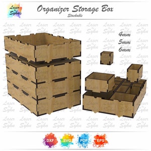 Può includere: Una scatola di contenimento organizzativa impilabile realizzata in legno con finitura marrone. La scatola è divisa in scomparti di diverse dimensioni. La scatola è etichettata con il testo "Organizer Storage Box" e "Stackable". La scatola è anche etichettata con il testo "4mm", "5mm" e "6mm".