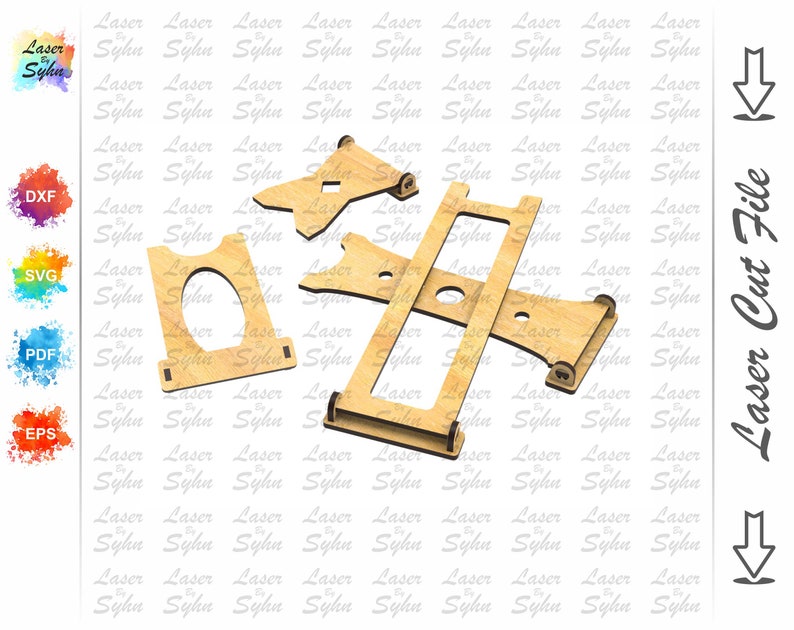 May include: A laser cut file design for a wooden egg display stand. The design includes four pieces: a base, two side supports, and a top piece with a circular cutout for the egg. The design is ready to be cut on a laser cutter.