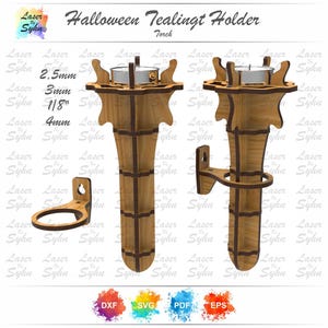 May include: A laser cut wooden Halloween tealight holder with a torch design. The holder is 1 1/8 inches tall and comes in a variety of sizes, including 2.5mm, 3mm, and 4mm. The holder is designed to be mounted on a wall and features a decorative design.