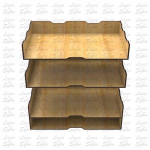 May include: A three-tiered wooden file organizer with a light brown finish. The organizer has a simple design with rounded edges and is perfect for organizing documents, papers, or other office supplies.