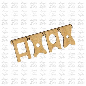 May include: A wooden cutout of the word "Party" with each letter on a separate banner. The banners are connected by a string. The cutout is designed for laser cutting.