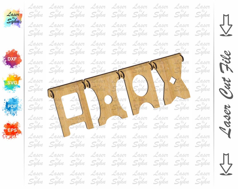May include: A wooden cutout of the word "Party" with each letter on a separate banner. The banners are connected by a string. The cutout is designed for laser cutting.