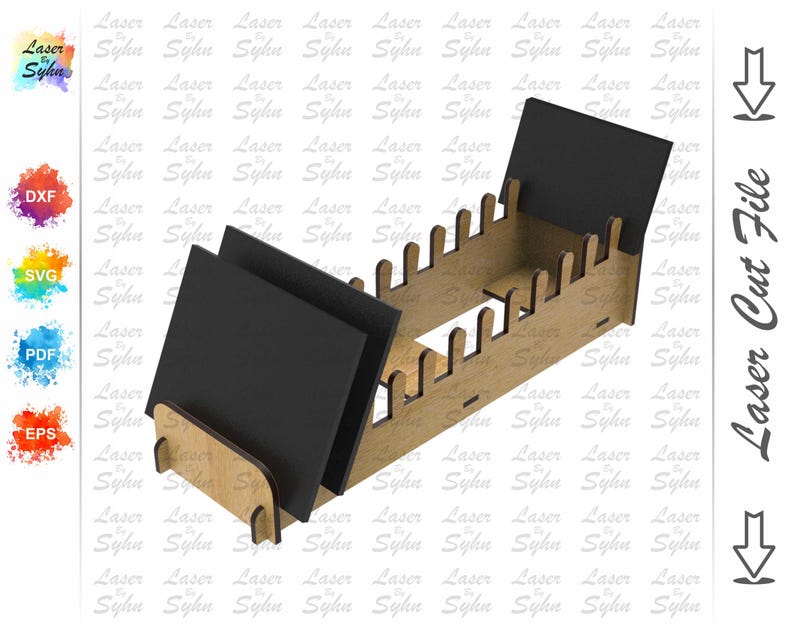 May include: A laser-cut wooden organizer with black dividers. The organizer has a rectangular base with slots and two black panels. The text "Laser Cut File" is visible on the right side of the image.