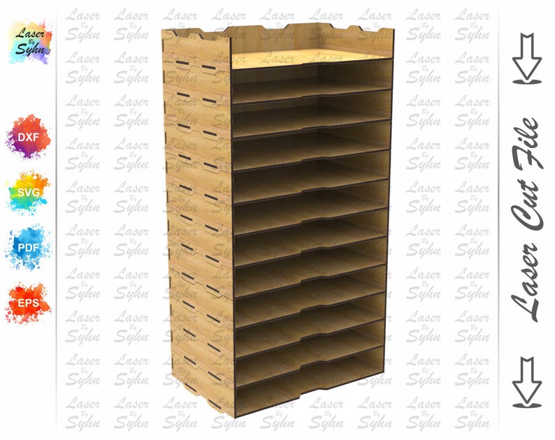 May include: A wooden organizer with 10 shelves. The organizer is made of light brown wood and has a simple design.