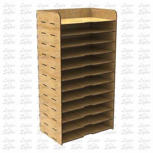 Op de afbeelding: Een houten organizer met 10 planken om papieren, brieven of andere kleine items op te bergen. De organizer is gemaakt van lichtbruin hout en heeft een eenvoudig, modern ontwerp.