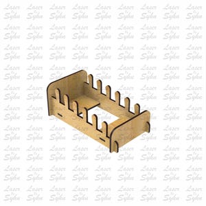 May include: A laser-cut wooden organizer with a rectangular base and vertical dividers. The design includes the text "Laser Cut File" and the logo "Laser Syhn". The organizer is likely for storing small items.