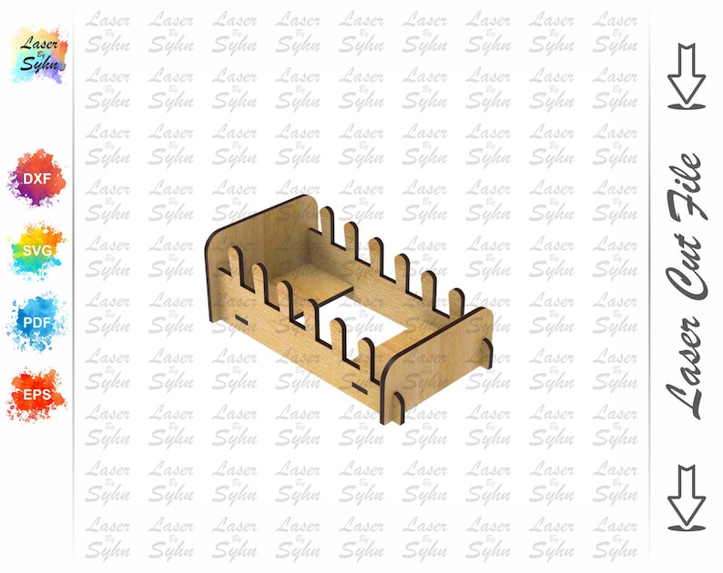 May include: A laser-cut wooden organizer with a rectangular base and vertical dividers. The design includes the text "Laser Cut File" and the logo "Laser Syhn". The organizer is likely for storing small items.