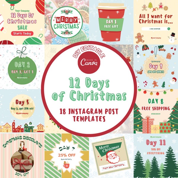 Christmas Social Media Post, + BONUS TEMPLATES, 12 Days of Christmas, Christmas Instagram Template, Giveaway Templates, Canva Templates