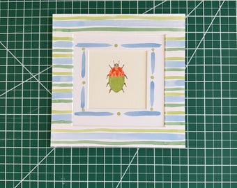 4x4” Mini orange & green beetle- original watercolor painting