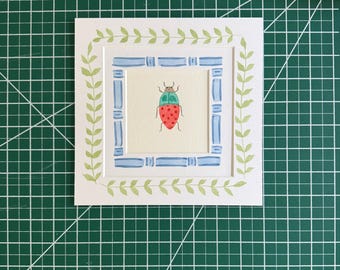4x4” Mini turquoise & red beetle- original watercolor painting
