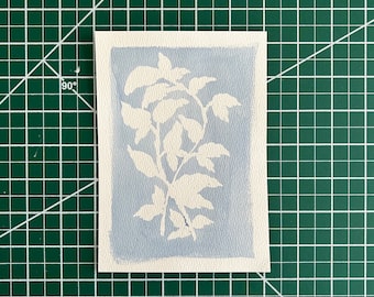 Botanical silhouette, leafy stem on blue background - 5x7”