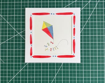 6x6” Watercolor kite #1 in primary colors- original painting