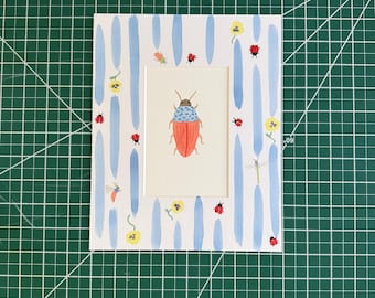 4x6” Blue & coral beetle- original watercolor painting