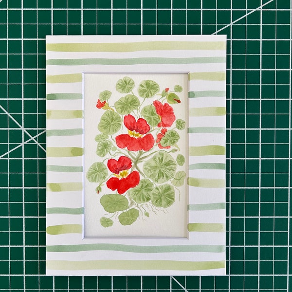 4x6” Red nasturtium botanical watercolor
