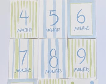 IN STOCK Hand Painted Watercolor Baby Boy Milestone Cards Set: Blue, Green Stripes