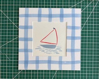 6x6” Abstract sailboat in water #2, red with white sail & blue flag -original watercolor