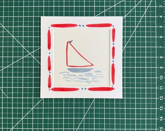6x6” Abstract sailboat in water #1, red with white sail & blue flag -original watercolor