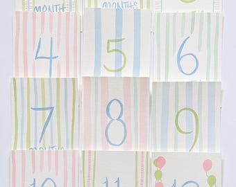 IN STOCK Hand Painted Watercolor Baby Girl Milestone Cards Set: Pastel Stripes
