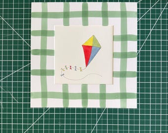 6x6” Watercolor kite #2 in primary colors- original painting