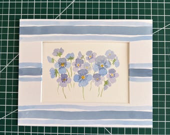 Original 5x7” watercolor pansies- blue & purple mix (horizontal)