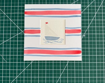 4x4” Mini red, white and blue sailboat in water -original watercolor