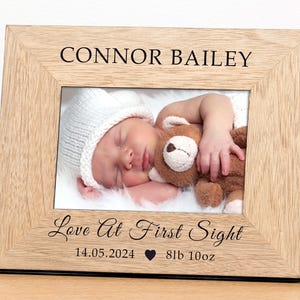 Personalized Baby Photo Frame: Engraved Oak, Love At First Sight