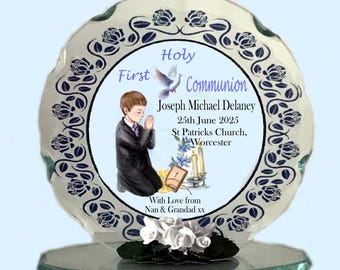 Boys First Holy Communion Keepsake Elegant Cut-Glass Plaque Personalised Gift  by Cellini Plaques