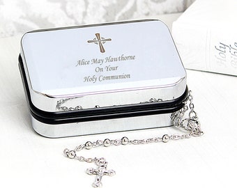 First Holy Communion Personalised Gift  Rosary Beads and Cross Trinket Box