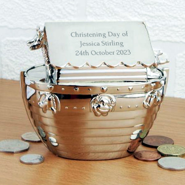 Silver Noah's Ark Money Box Christening Personalised Gift Baby Girl or Baby Boy Keepsake