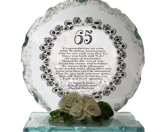 65. rocznica ślubu, tabliczka ze szkła szlifowanego z szafirami. Spersonalizowany prezent od Cellini Plaques.