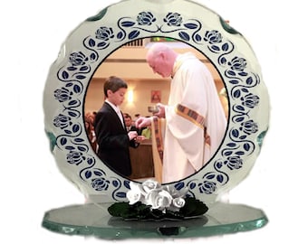 Boys First Holy Communion Keepsake Elegant Cut-Glass Photo Plaque Personalised Gift