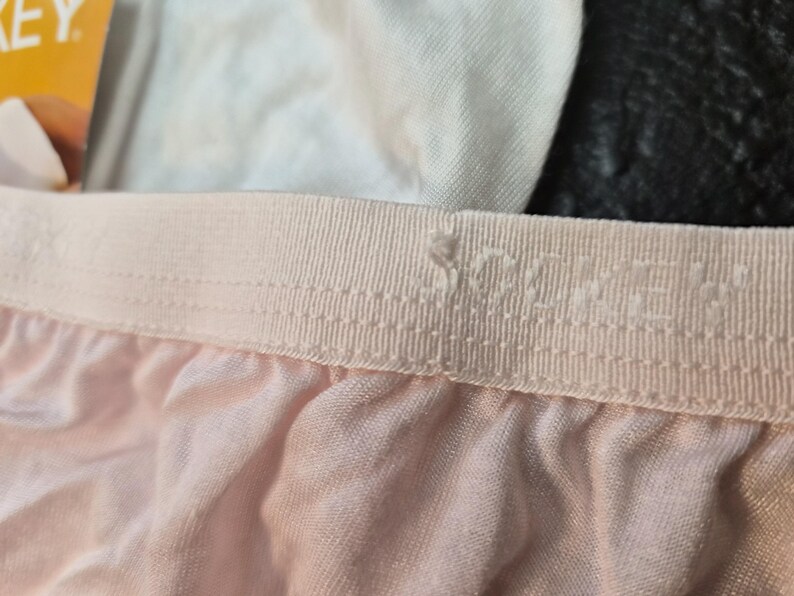 May include: Close-up of light pink underwear. The elasticated waistband is a lighter shade of pink and features the brand name. The fabric of the underwear is soft and slightly creased.