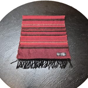 Vintage French Burgundy Scarf – Wool Blend Stripes with Gold Sparkle & Fringe