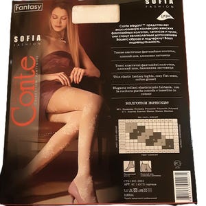 May include: A package of Sofia Fashion Conte Collection pantyhose. The sheer pantyhose have a floral pattern. The package features a woman wearing the pantyhose, and the text "Conte" is visible.