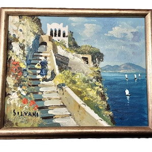 Vintage Tiberius Treppe Capri Italien Original Ölgemälde Silvani signiert c1970s Ohne Glas Gerahmt