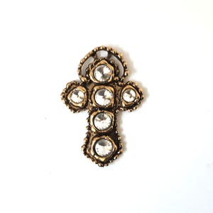 Vintage 1960–70s Brass Clear Rhinestones Cross Pendant • 5.5 cm Statement Religious Catholic Mid-Century Jewelry