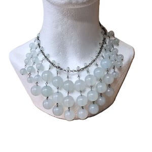 J.Crew Lucite Statement Necklace Cloud Dancer Bib Necklace Milky Bead Fringe Adjustable