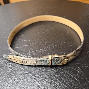 May include: A snakeskin-patterned belt with a gold-colored buckle. The belt is tan on the inside and features a pattern of gray, green, and tan scales on the outside. The buckle is rectangular.