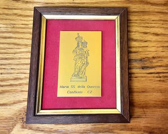 Placa devocional enmarcada en tono dorado vintage de los años 1970-90: María SS. della Quercia Conflenti Italia Católica