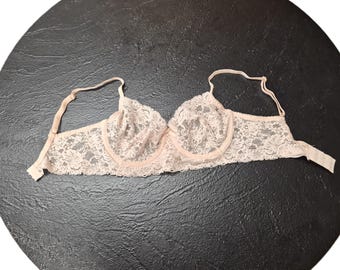 Vintage 90s Valmont Peach Lace Bra 34C Sheer Underwire Romantic Lingerie Union Made USA