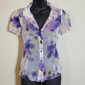 Vintage Elie Tahari Seidenbluse Sheer Iris Floral Volant Front Größe M Designer Y2K