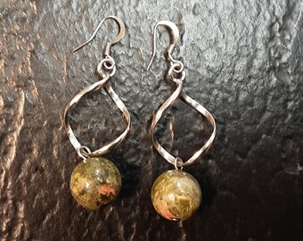 VTG Unakite Dangle Drop Silver-tone Hook Earrings 2''