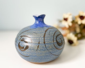 Vintage Studio Stoneware Vase W/ Blue Glaze and Swirl Pattern, Mid-Century Modern Vase, Modern Home Accent, Mid-Century Ceramic Vase