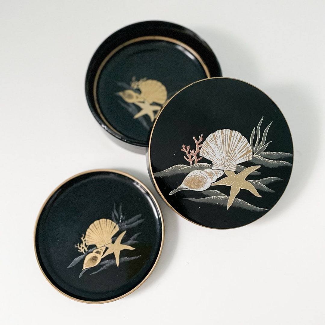 Vintage Japanese Lacquerware Seashells Round Coasters 3 W/ Trinket Box
