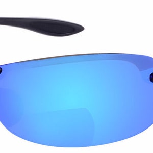 May include: Black sunglasses with blue mirrored lenses. The sunglasses have a rimless design and a black frame.