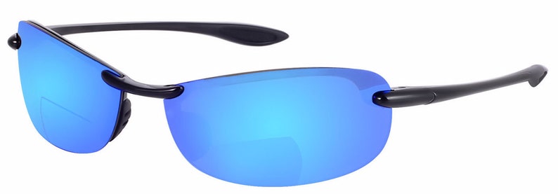 May include: Black sunglasses with blue mirrored lenses. The sunglasses have a rimless design and a black frame.